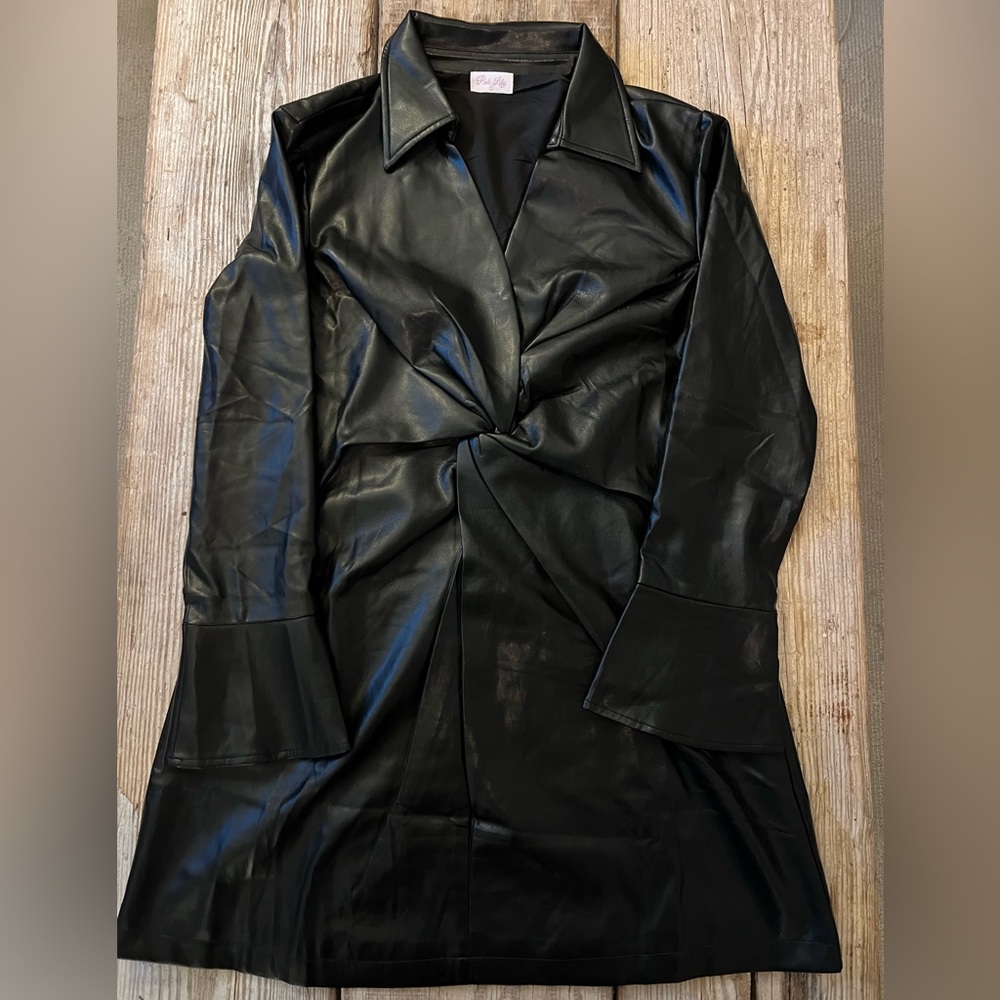 Pink Lily Black Faux Leather Twist Front Collared Long Sleeve Mini Dress